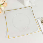 10 - Pack Plastic 10" Square Dinner Plates in Clear Concave Style with Gold Rim - Modern Disposable Party Plates - Bell Racket Store