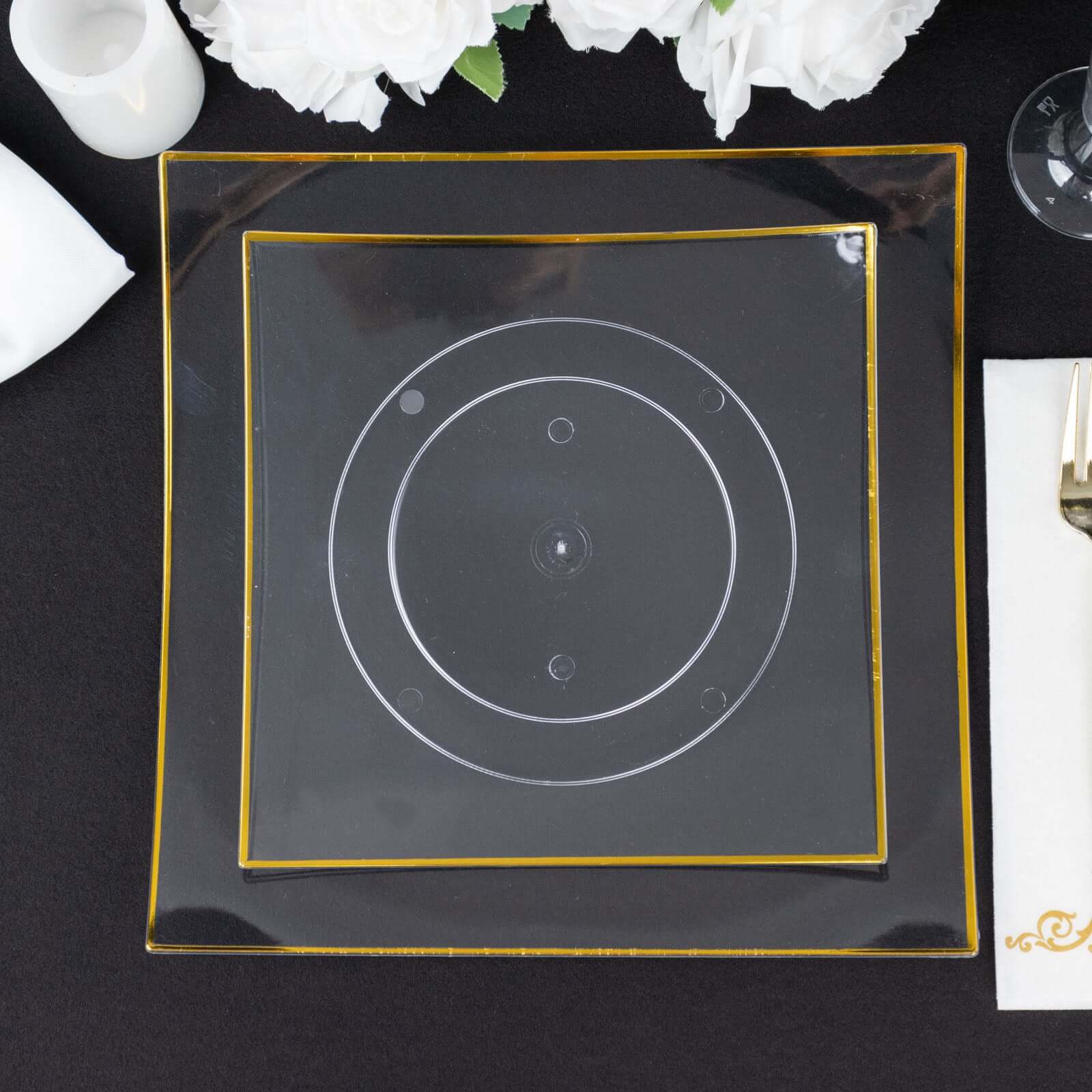 10 - Pack Plastic 10" Square Dinner Plates in Clear Concave Style with Gold Rim - Modern Disposable Party Plates - Bell Racket Store