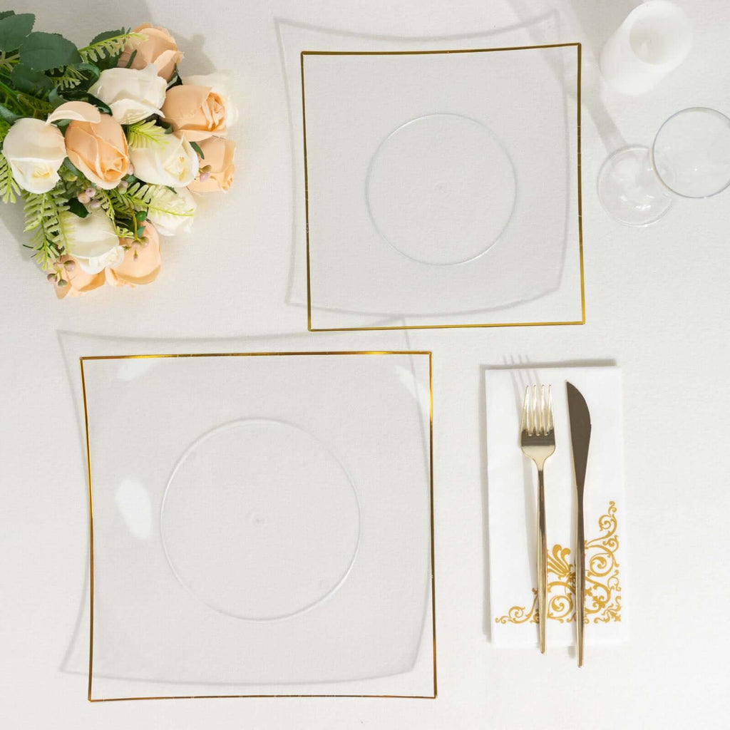 10 - Pack Plastic 10" Square Dinner Plates in Clear Concave Style with Gold Rim - Modern Disposable Party Plates - Bell Racket Store