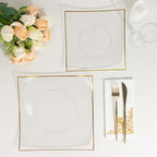 10 - Pack Plastic 10" Square Dinner Plates in Clear Concave Style with Gold Rim - Modern Disposable Party Plates - Bell Racket Store