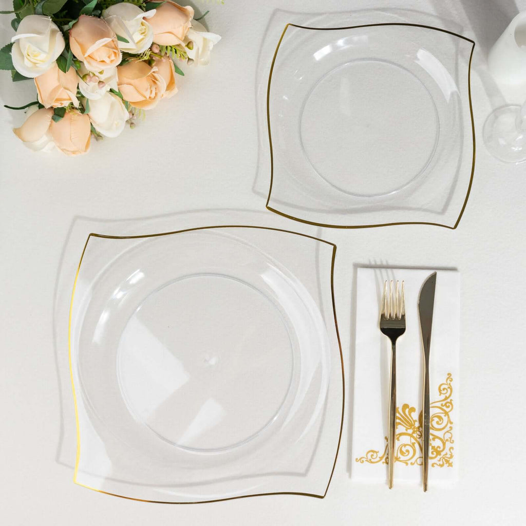 10 - Pack Plastic 10" Square Dinner Plates in Clear with Gold Wavy Rim Modern - Disposable Party Plates - Bell Racket Store