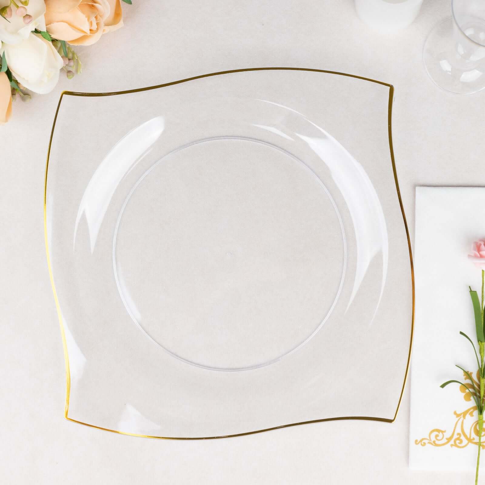 10 - Pack Plastic 10" Square Dinner Plates in Clear with Gold Wavy Rim Modern - Disposable Party Plates - Bell Racket Store