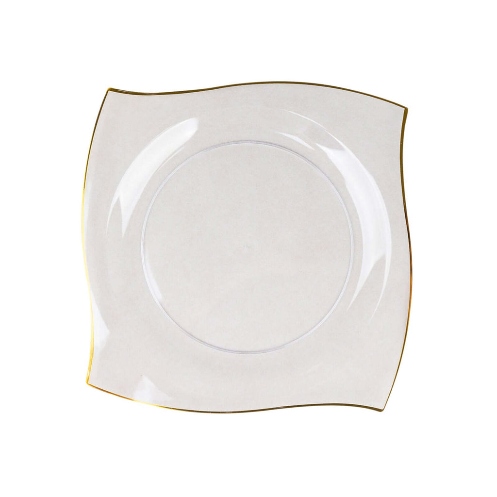 10 - Pack Plastic 10" Square Dinner Plates in Clear with Gold Wavy Rim Modern - Disposable Party Plates - Bell Racket Store