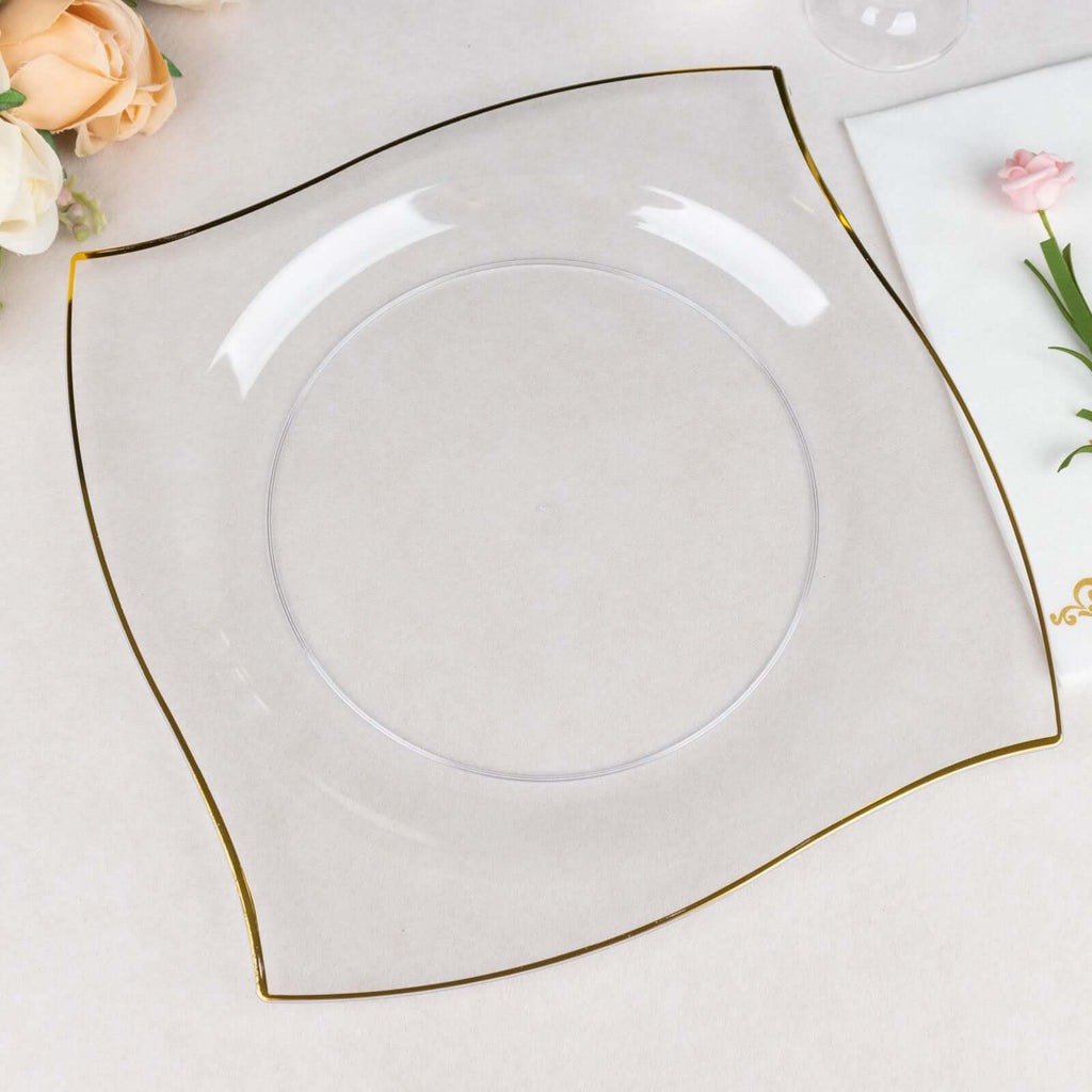 10 - Pack Plastic 10" Square Dinner Plates in Clear with Gold Wavy Rim Modern - Disposable Party Plates - Bell Racket Store