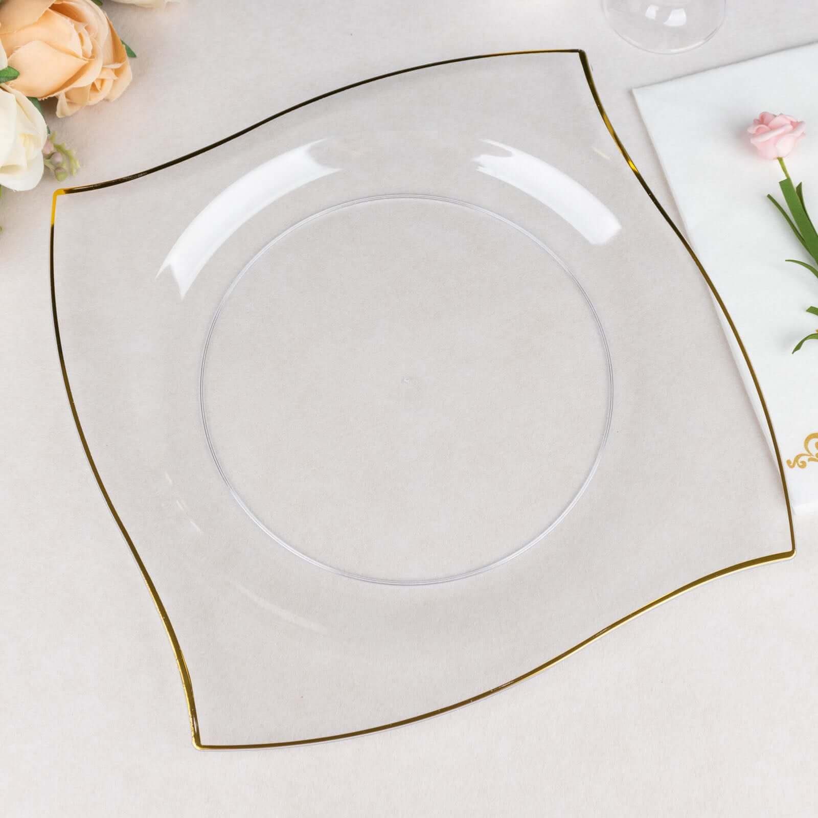 10 - Pack Plastic 10" Square Dinner Plates in Clear with Gold Wavy Rim Modern - Disposable Party Plates - Bell Racket Store