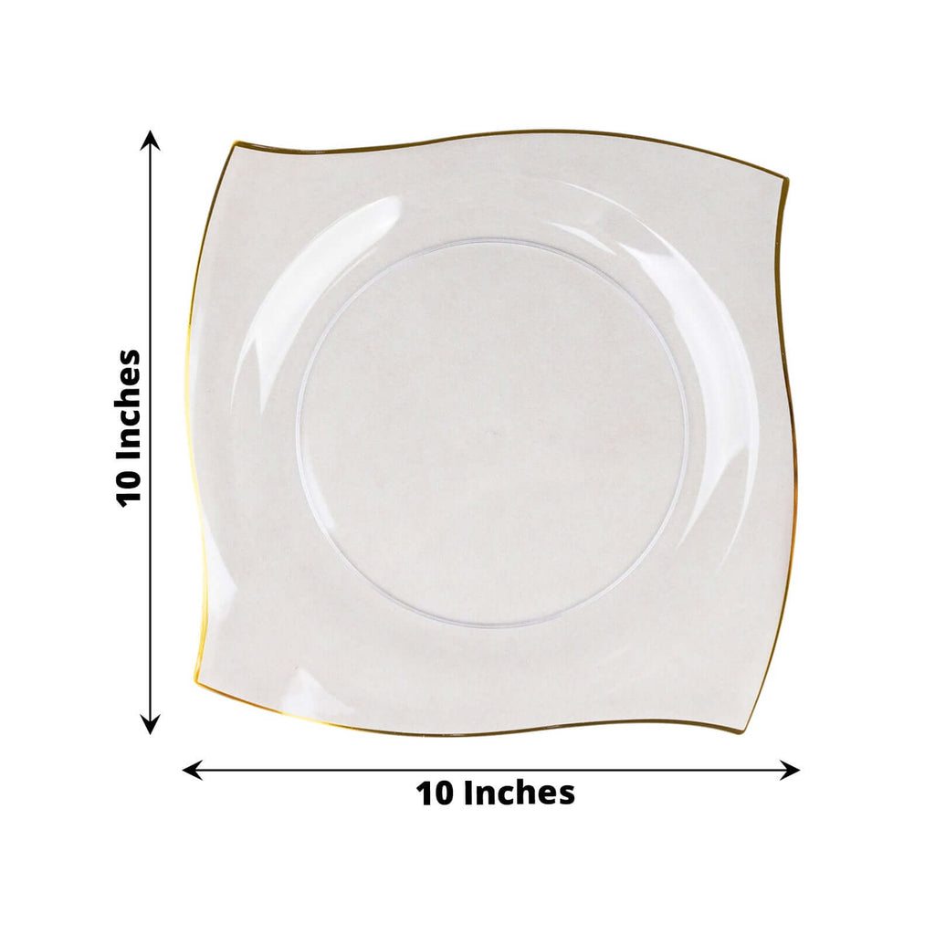 10 - Pack Plastic 10" Square Dinner Plates in Clear with Gold Wavy Rim Modern - Disposable Party Plates - Bell Racket Store