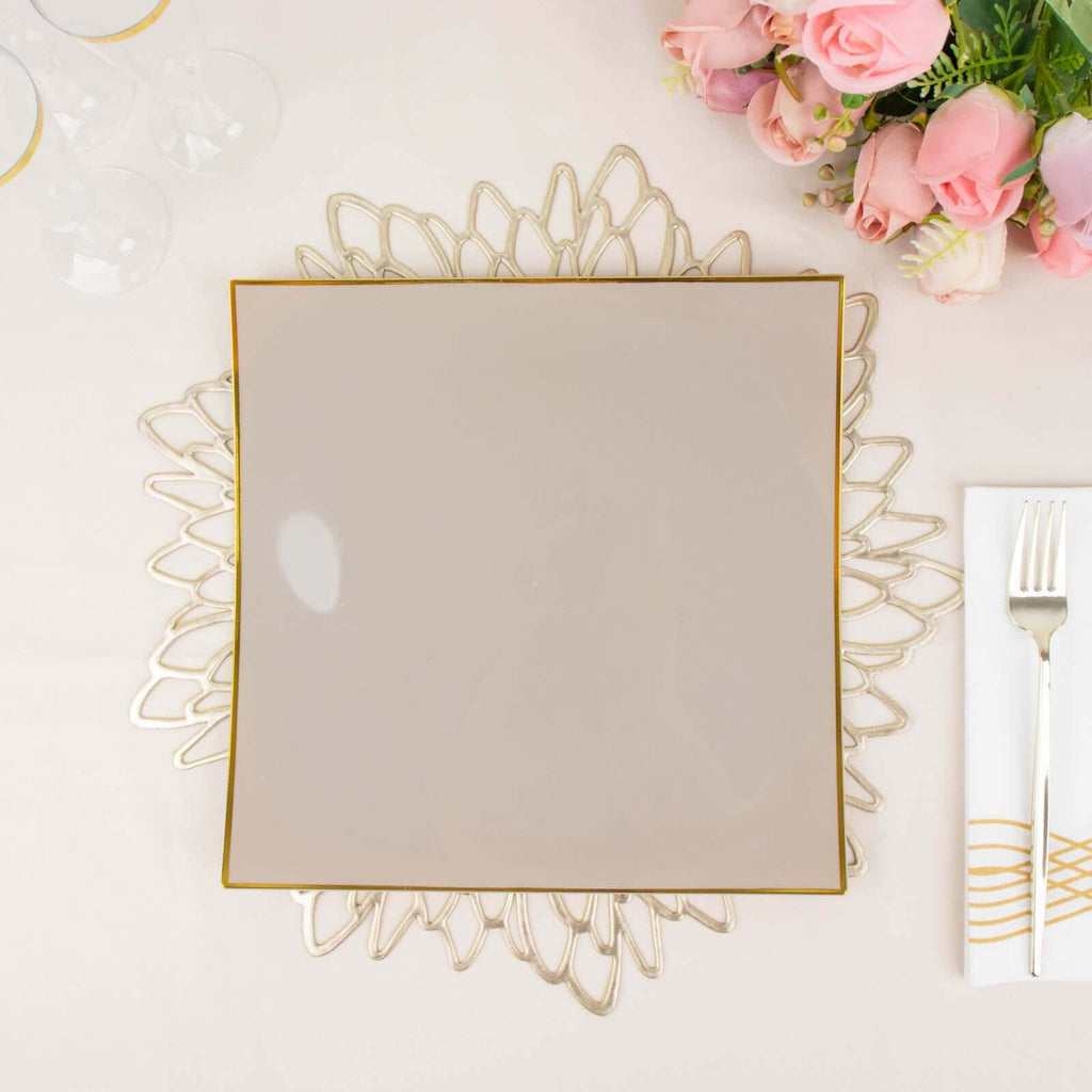 10 - Pack Plastic 10" Square Dinner Plates in Taupe Concave Style with Gold Rim - Modern Disposable Party Plates - Bell Racket Store