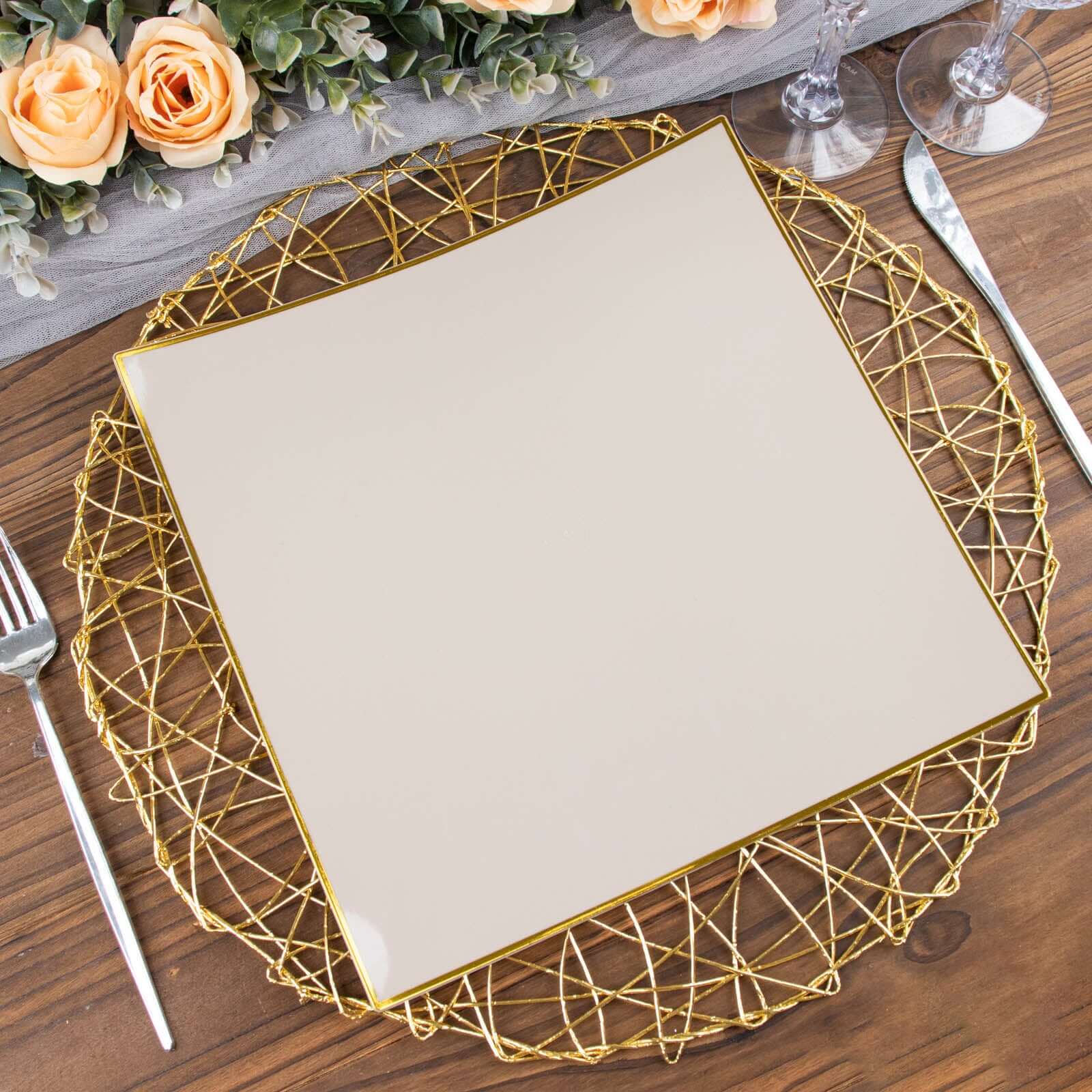 10 - Pack Plastic 10" Square Dinner Plates in Taupe Concave Style with Gold Rim - Modern Disposable Party Plates - Bell Racket Store