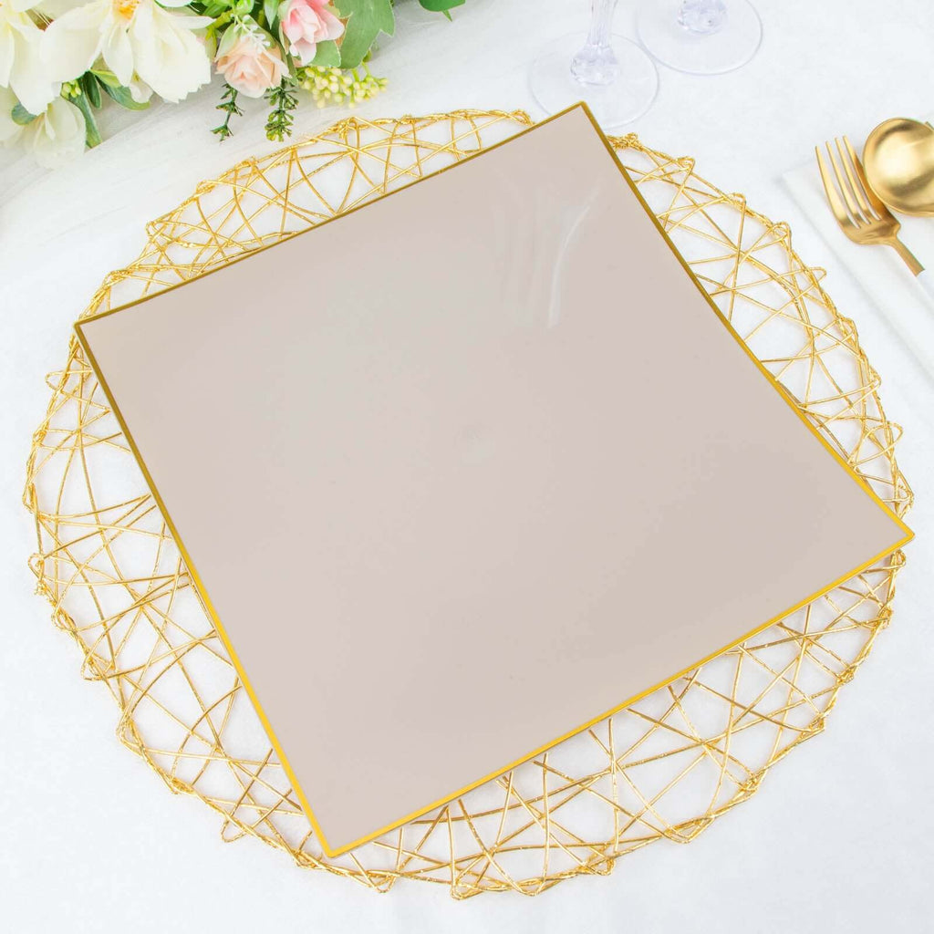 10 - Pack Plastic 10" Square Dinner Plates in Taupe Concave Style with Gold Rim - Modern Disposable Party Plates - Bell Racket Store