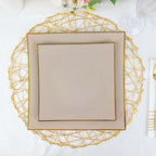 10 - Pack Plastic 10" Square Dinner Plates in Taupe Concave Style with Gold Rim - Modern Disposable Party Plates - Bell Racket Store