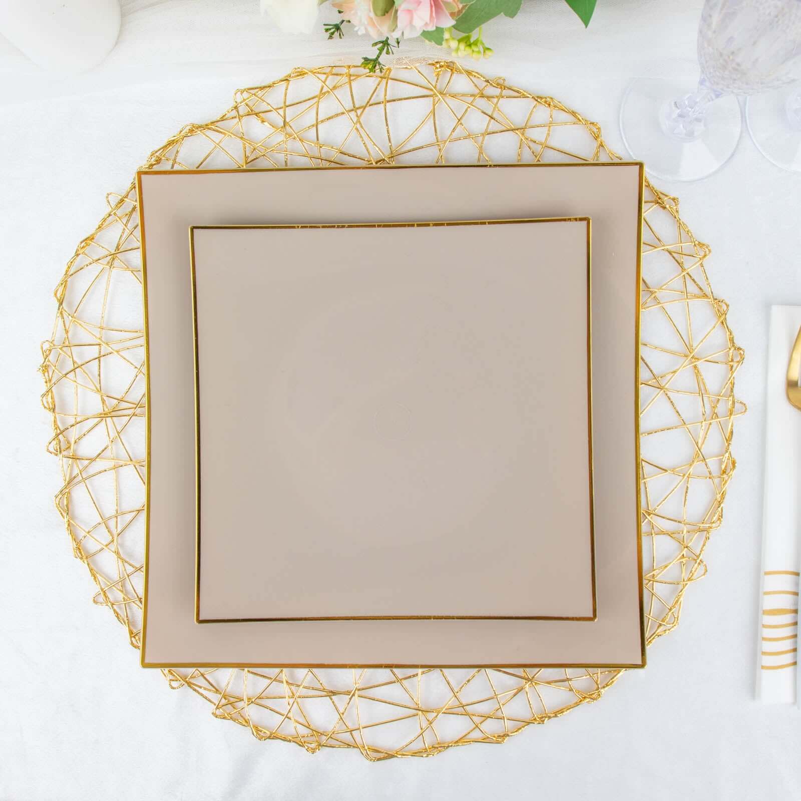10 - Pack Plastic 10" Square Dinner Plates in Taupe Concave Style with Gold Rim - Modern Disposable Party Plates - Bell Racket Store