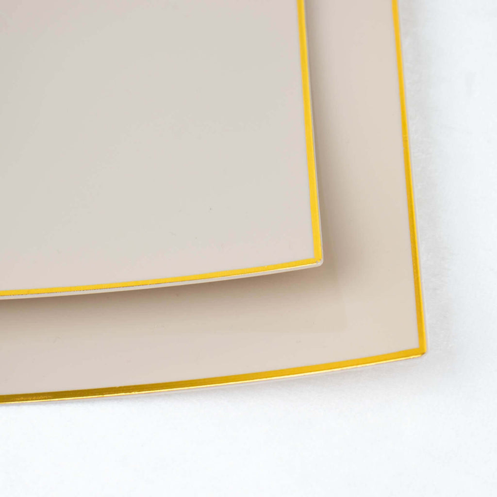 10 - Pack Plastic 10" Square Dinner Plates in Taupe Concave Style with Gold Rim - Modern Disposable Party Plates - Bell Racket Store