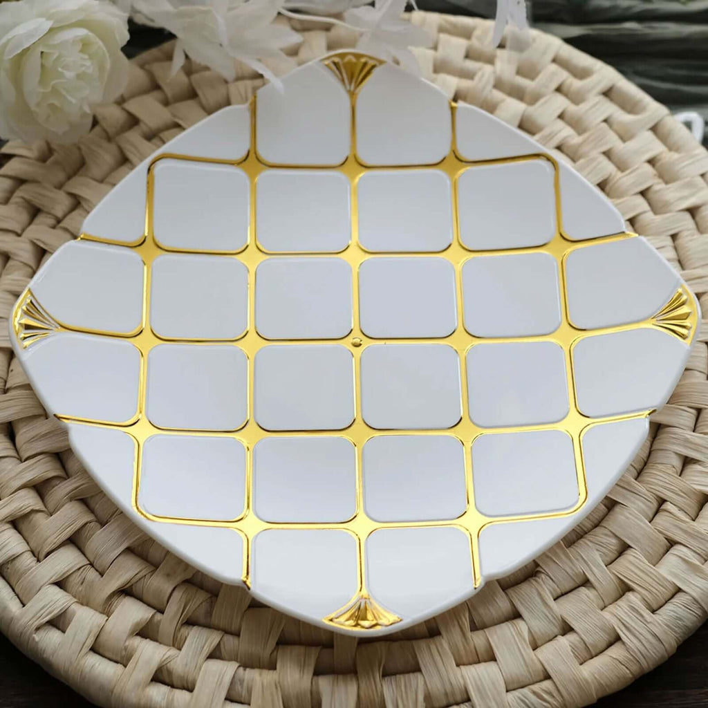 10 - Pack Plastic 10" Square Dinner Plates in White with Gold Diamond Lattice Pattern - Disposable Party Plates for Weddings, Banquets & Special Events - Bell Racket Store