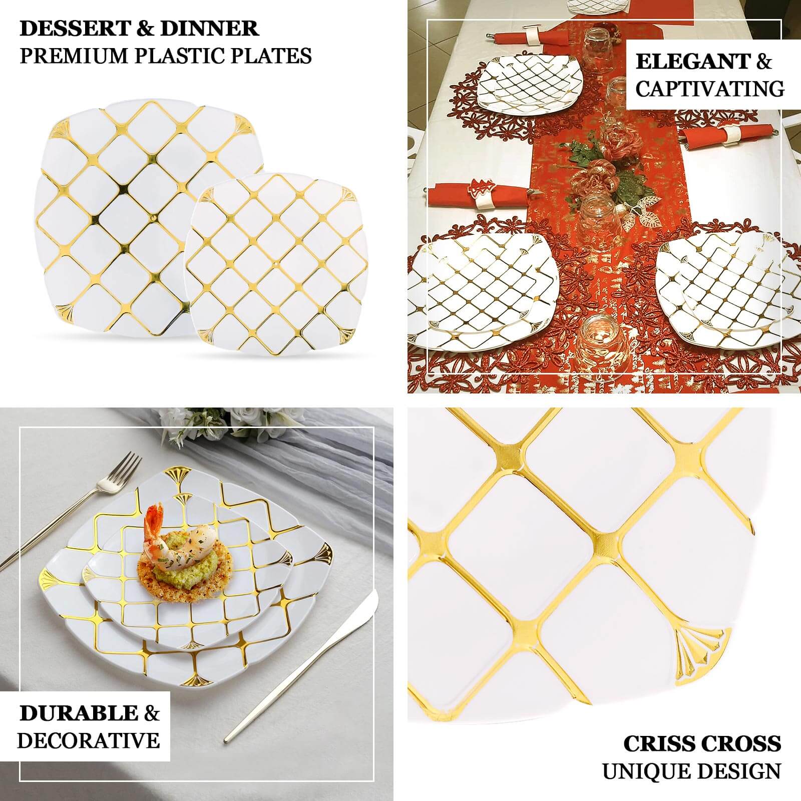 10 - Pack Plastic 10" Square Dinner Plates in White with Gold Diamond Lattice Pattern - Disposable Party Plates for Weddings, Banquets & Special Events - Bell Racket Store