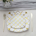 10 - Pack Plastic 10" Square Dinner Plates in White with Gold Diamond Lattice Pattern - Disposable Party Plates for Weddings, Banquets & Special Events - Bell Racket Store