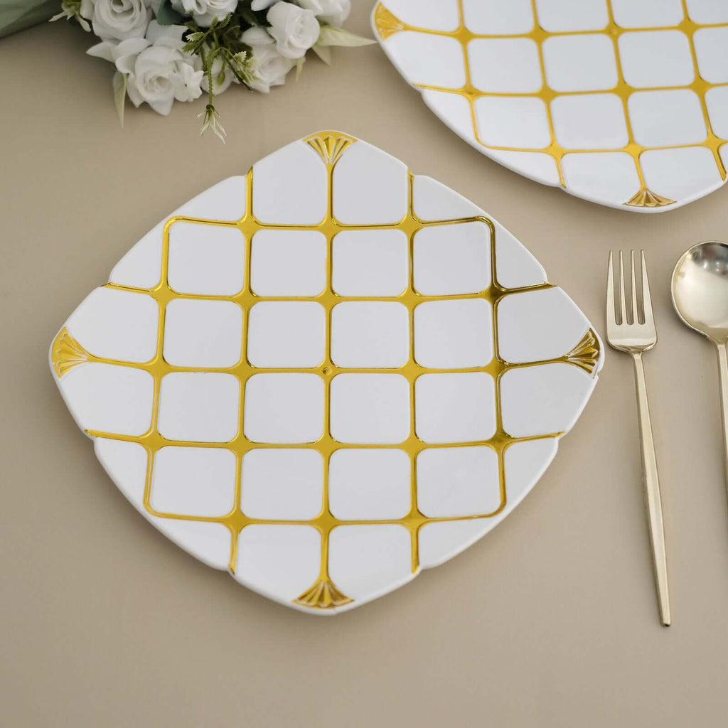 10 - Pack Plastic 10" Square Dinner Plates in White with Gold Diamond Lattice Pattern - Disposable Party Plates for Weddings, Banquets & Special Events - Bell Racket Store