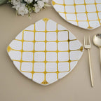 10 - Pack Plastic 10" Square Dinner Plates in White with Gold Diamond Lattice Pattern - Disposable Party Plates for Weddings, Banquets & Special Events - Bell Racket Store