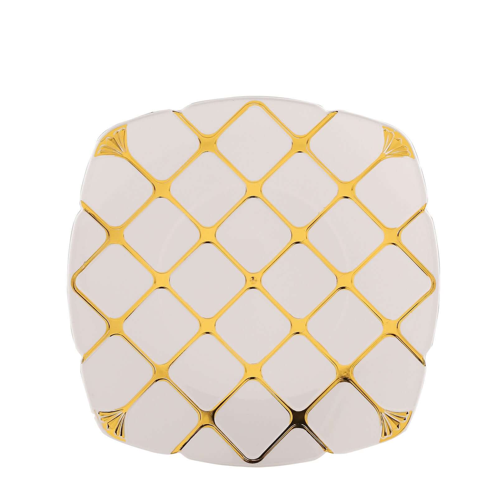 10 - Pack Plastic 10" Square Dinner Plates in White with Gold Diamond Lattice Pattern - Disposable Party Plates for Weddings, Banquets & Special Events - Bell Racket Store