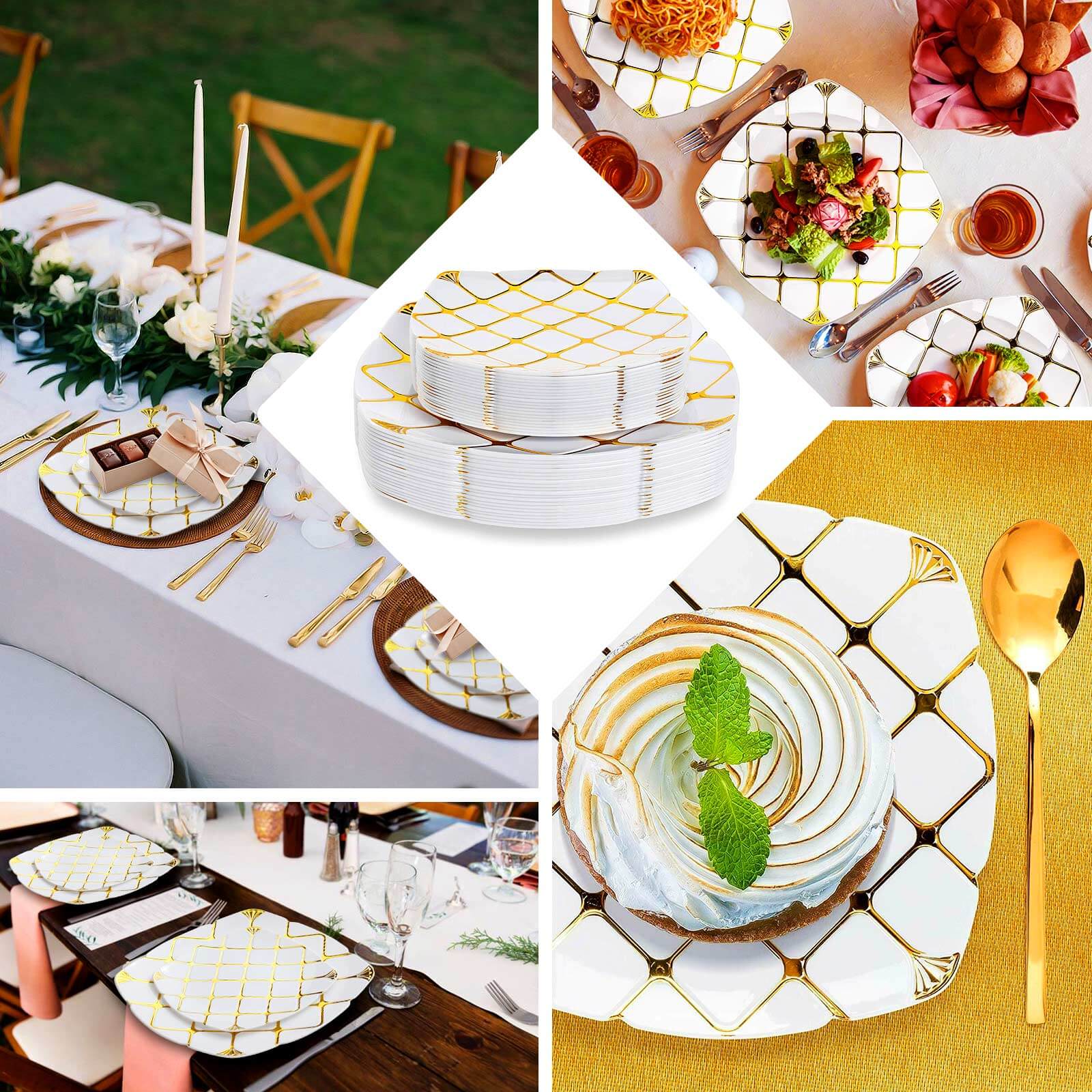 10 - Pack Plastic 10" Square Dinner Plates in White with Gold Diamond Lattice Pattern - Disposable Party Plates for Weddings, Banquets & Special Events - Bell Racket Store