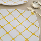 10 - Pack Plastic 10" Square Dinner Plates in White with Gold Diamond Lattice Pattern - Disposable Party Plates for Weddings, Banquets & Special Events - Bell Racket Store