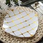 10 - Pack Plastic 10" Square Dinner Plates in White with Gold Diamond Lattice Pattern - Disposable Party Plates for Weddings, Banquets & Special Events - Bell Racket Store