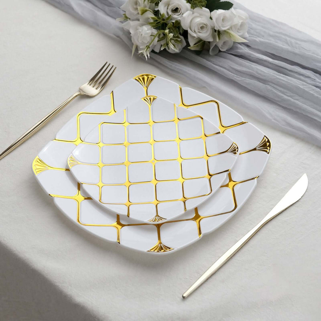 10 - Pack Plastic 10" Square Dinner Plates in White with Gold Diamond Lattice Pattern - Disposable Party Plates for Weddings, Banquets & Special Events - Bell Racket Store