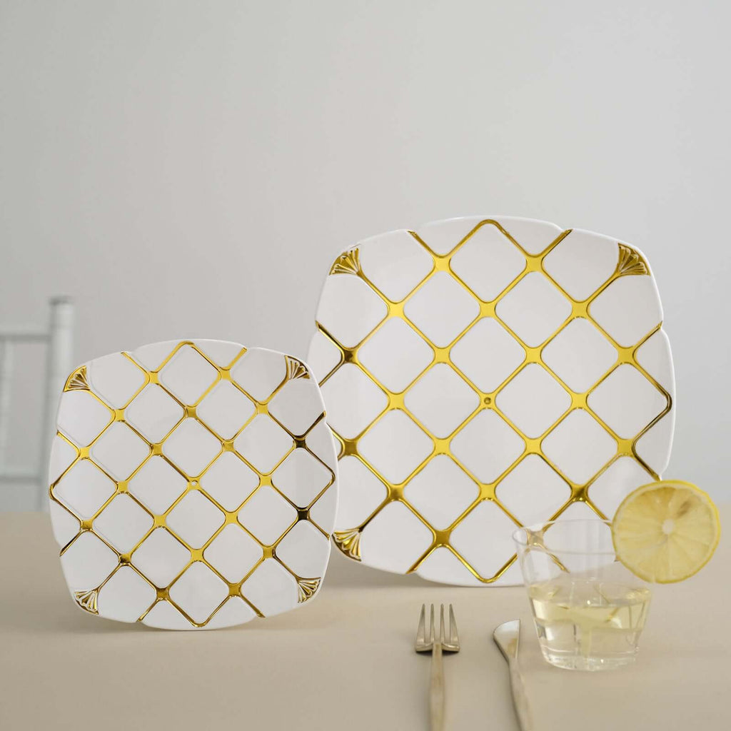 10 - Pack Plastic 10" Square Dinner Plates in White with Gold Diamond Lattice Pattern - Disposable Party Plates for Weddings, Banquets & Special Events - Bell Racket Store