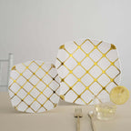 10 - Pack Plastic 10" Square Dinner Plates in White with Gold Diamond Lattice Pattern - Disposable Party Plates for Weddings, Banquets & Special Events - Bell Racket Store
