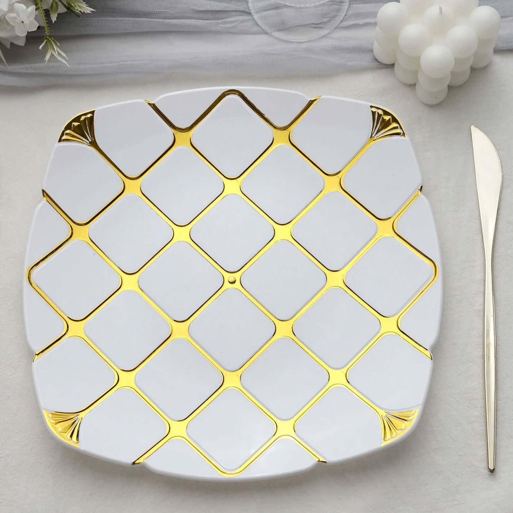 10 - Pack Plastic 10" Square Dinner Plates in White with Gold Diamond Lattice Pattern - Disposable Party Plates for Weddings, Banquets & Special Events - Bell Racket Store
