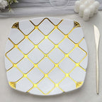 10 - Pack Plastic 10" Square Dinner Plates in White with Gold Diamond Lattice Pattern - Disposable Party Plates for Weddings, Banquets & Special Events - Bell Racket Store