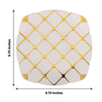 10 - Pack Plastic 10" Square Dinner Plates in White with Gold Diamond Lattice Pattern - Disposable Party Plates for Weddings, Banquets & Special Events - Bell Racket Store