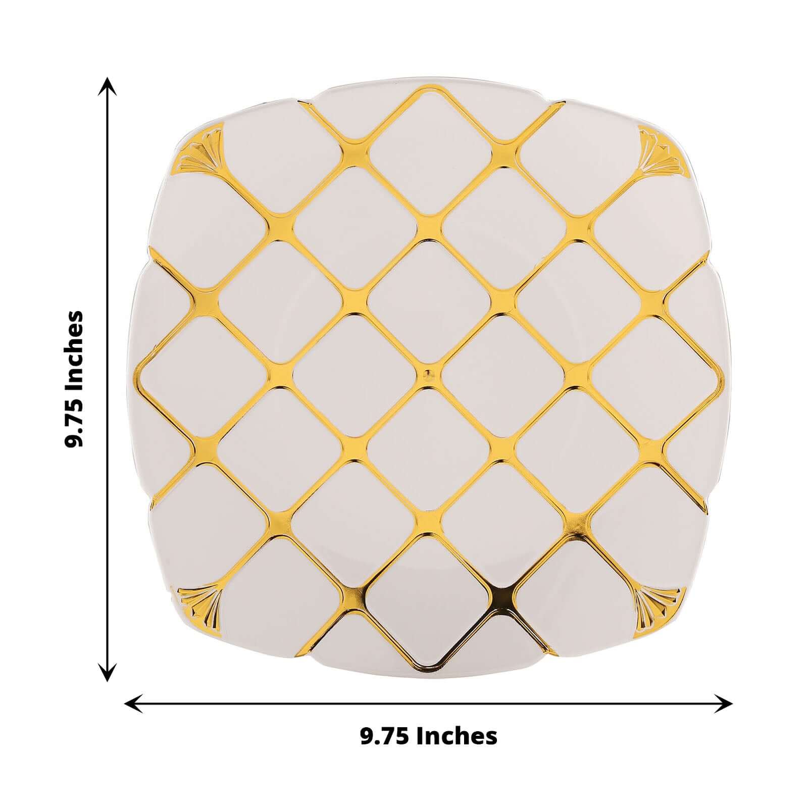 10 - Pack Plastic 10" Square Dinner Plates in White with Gold Diamond Lattice Pattern - Disposable Party Plates for Weddings, Banquets & Special Events - Bell Racket Store