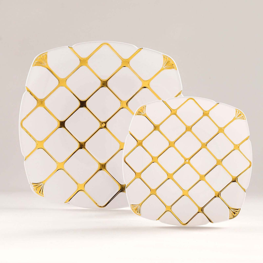 10 - Pack Plastic 10" Square Dinner Plates in White with Gold Diamond Lattice Pattern - Disposable Party Plates for Weddings, Banquets & Special Events - Bell Racket Store