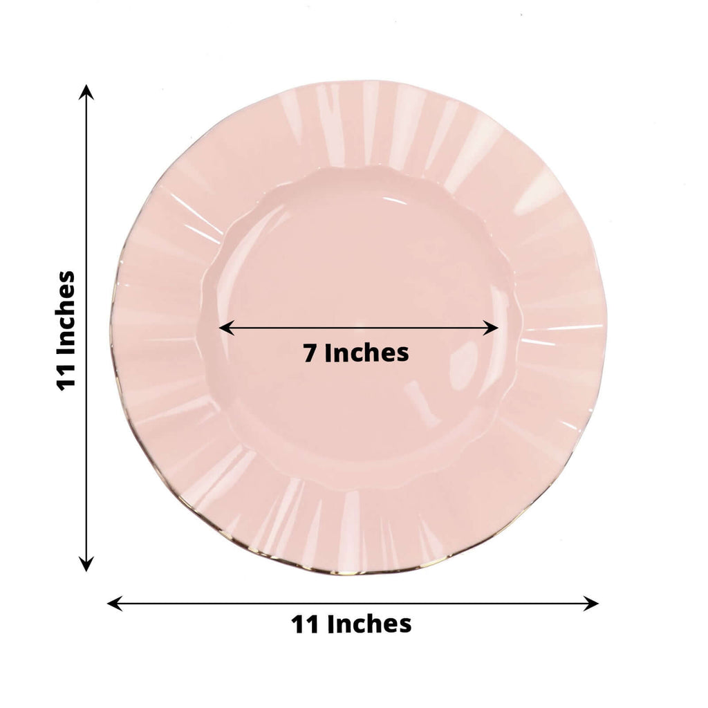 10 - Pack Plastic 11" Round Dinner Plates in Blush Ruffled Rim with Gold Edging - Sturdy Disposable Dinnerware - Bell Racket Store