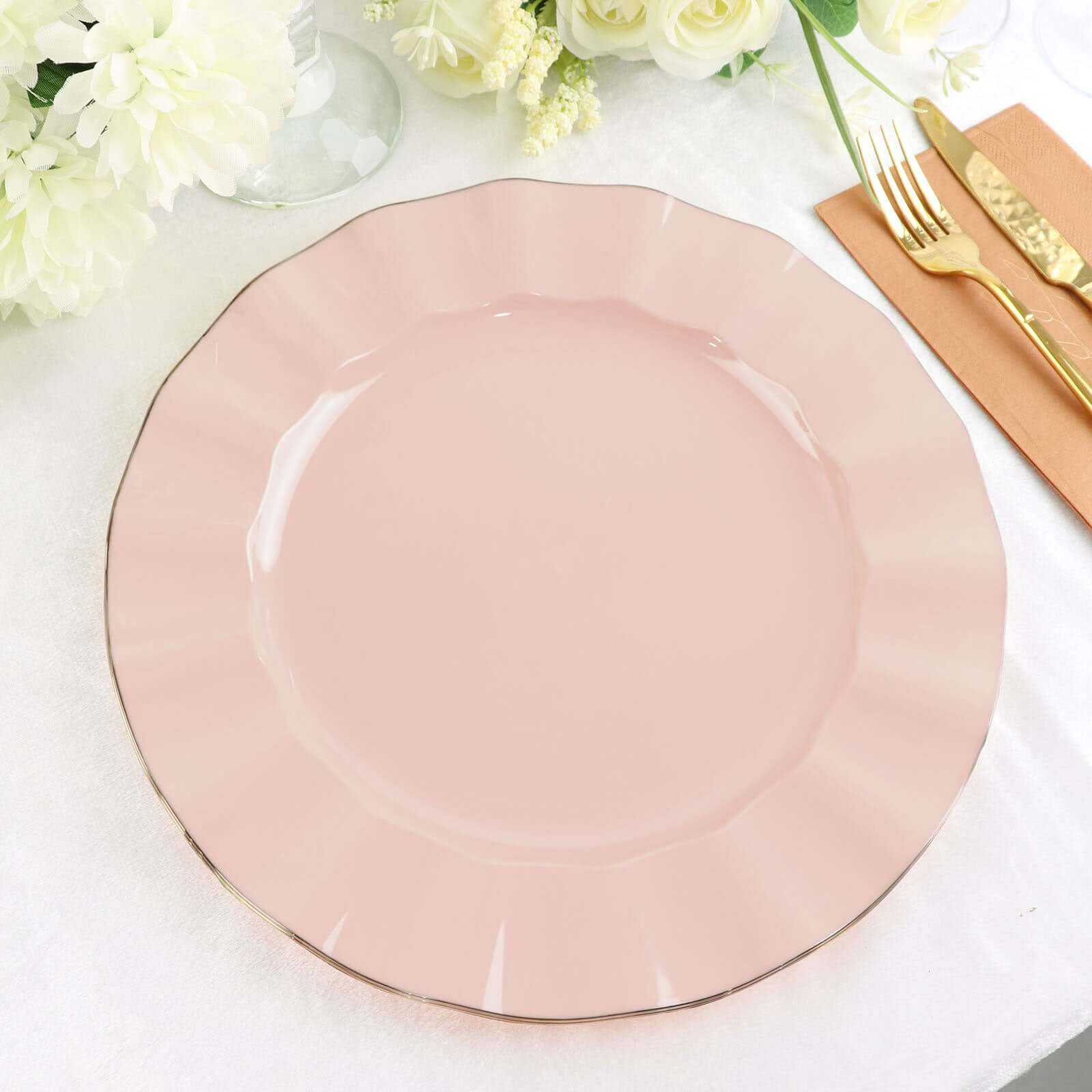 10 - Pack Plastic 11" Round Dinner Plates in Blush Ruffled Rim with Gold Edging - Sturdy Disposable Dinnerware - Bell Racket Store