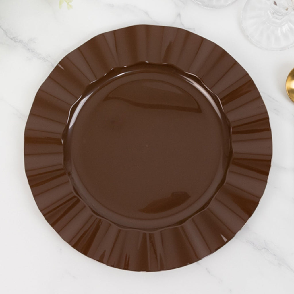 10 - Pack Plastic 11" Round Dinner Plates in Cinnamon Brown Ruffled Rim with Gold Edging - Sturdy Disposable Dinnerware - Bell Racket Store