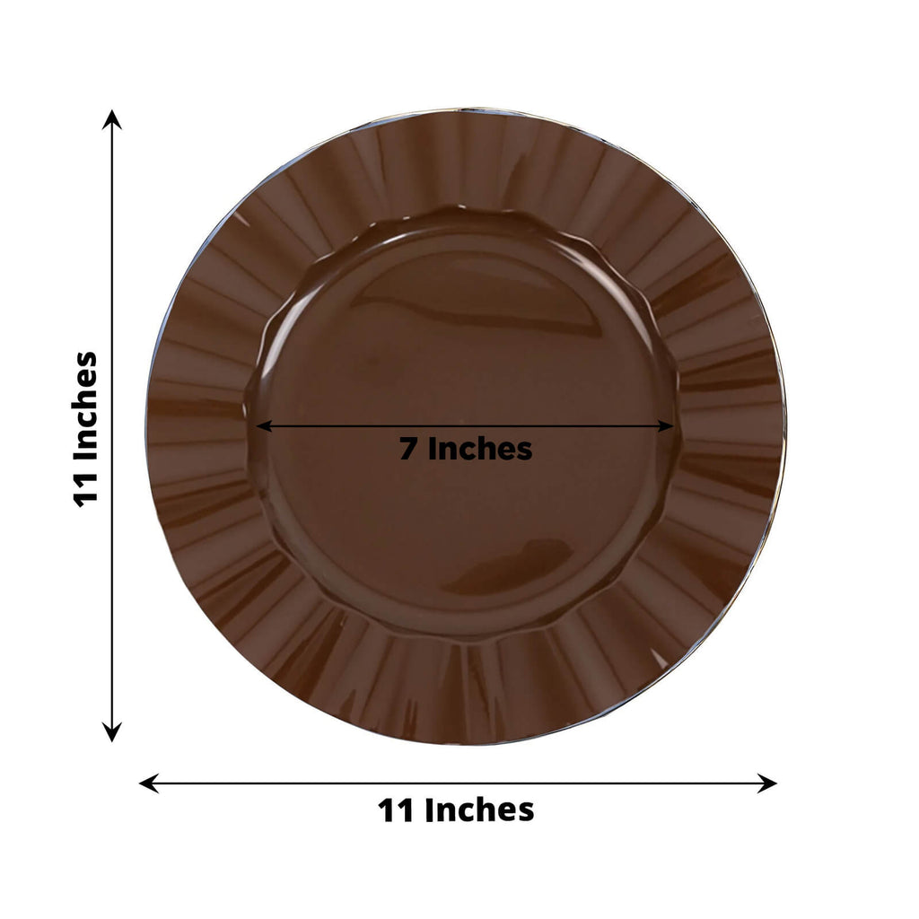 10 - Pack Plastic 11" Round Dinner Plates in Cinnamon Brown Ruffled Rim with Gold Edging - Sturdy Disposable Dinnerware - Bell Racket Store