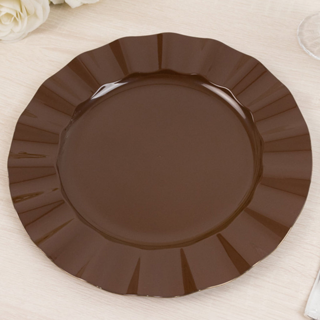 10 - Pack Plastic 11" Round Dinner Plates in Cinnamon Brown Ruffled Rim with Gold Edging - Sturdy Disposable Dinnerware - Bell Racket Store