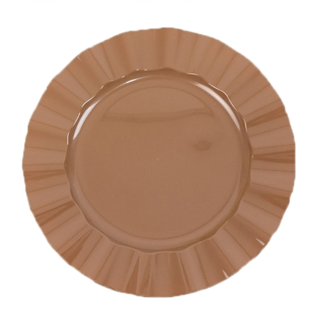 10 - Pack Plastic 11" Round Dinner Plates in Coffee Brown Ruffled Rim with Gold Edging - Sturdy Disposable Dinnerware - Bell Racket Store