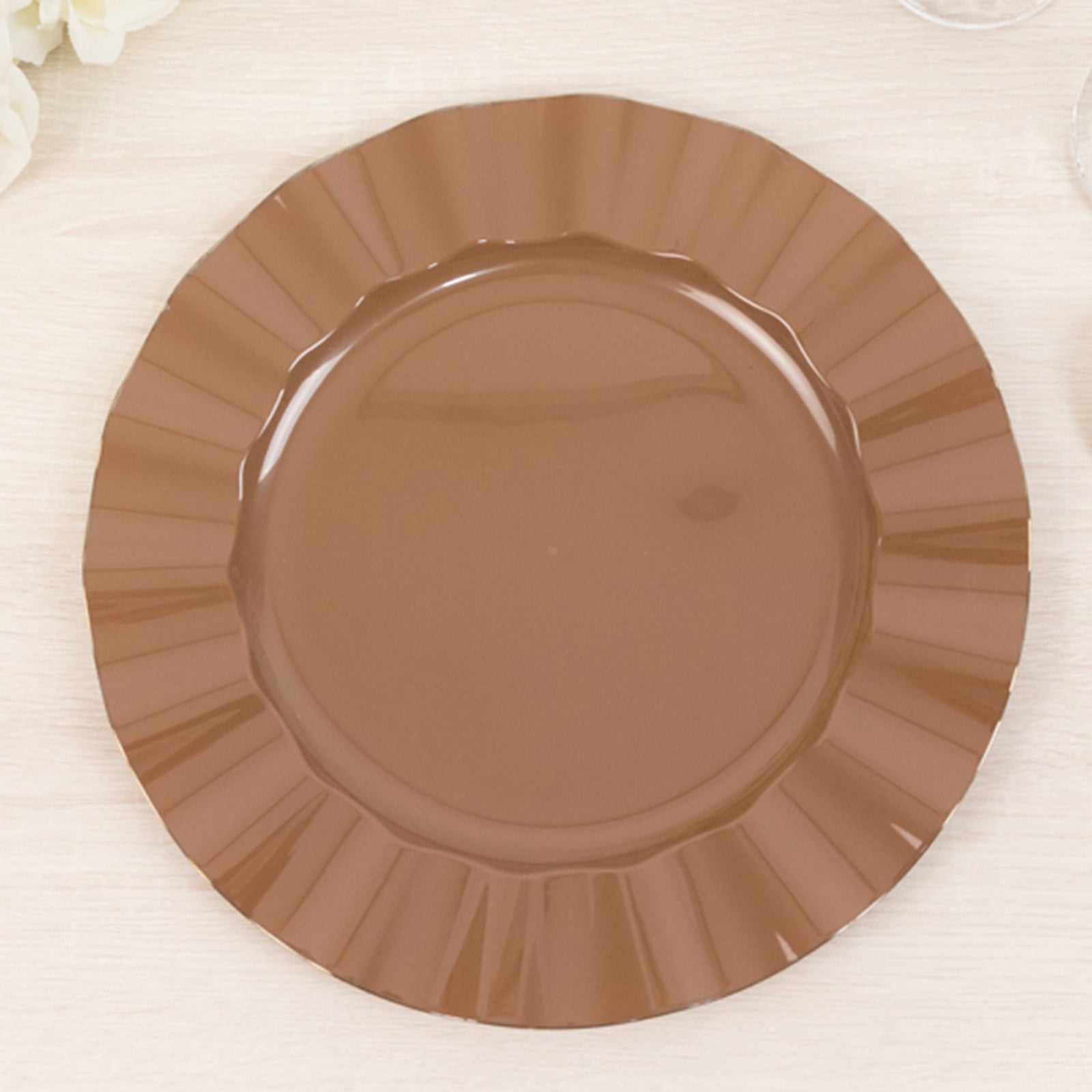 10 - Pack Plastic 11" Round Dinner Plates in Coffee Brown Ruffled Rim with Gold Edging - Sturdy Disposable Dinnerware - Bell Racket Store