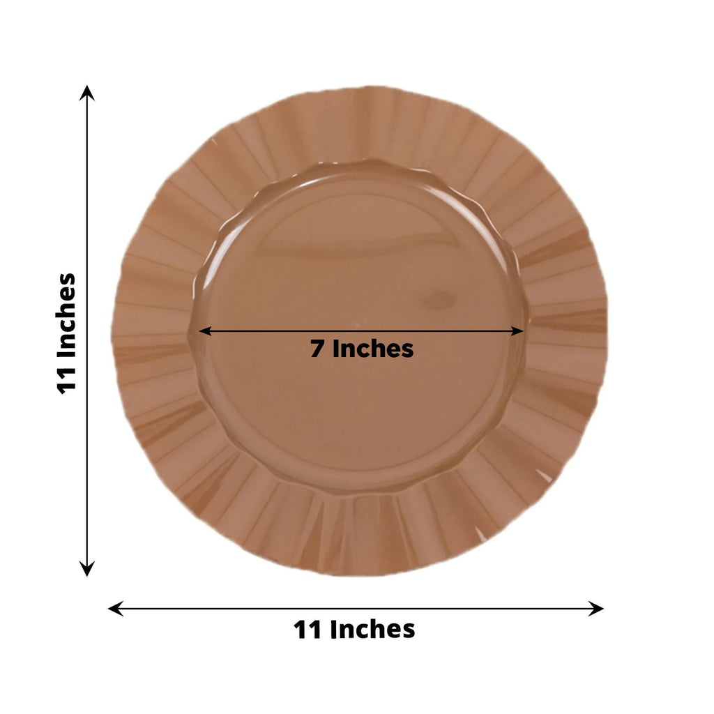 10 - Pack Plastic 11" Round Dinner Plates in Coffee Brown Ruffled Rim with Gold Edging - Sturdy Disposable Dinnerware - Bell Racket Store