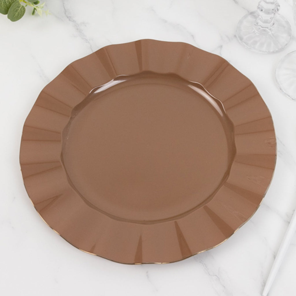 10 - Pack Plastic 11" Round Dinner Plates in Coffee Brown Ruffled Rim with Gold Edging - Sturdy Disposable Dinnerware - Bell Racket Store