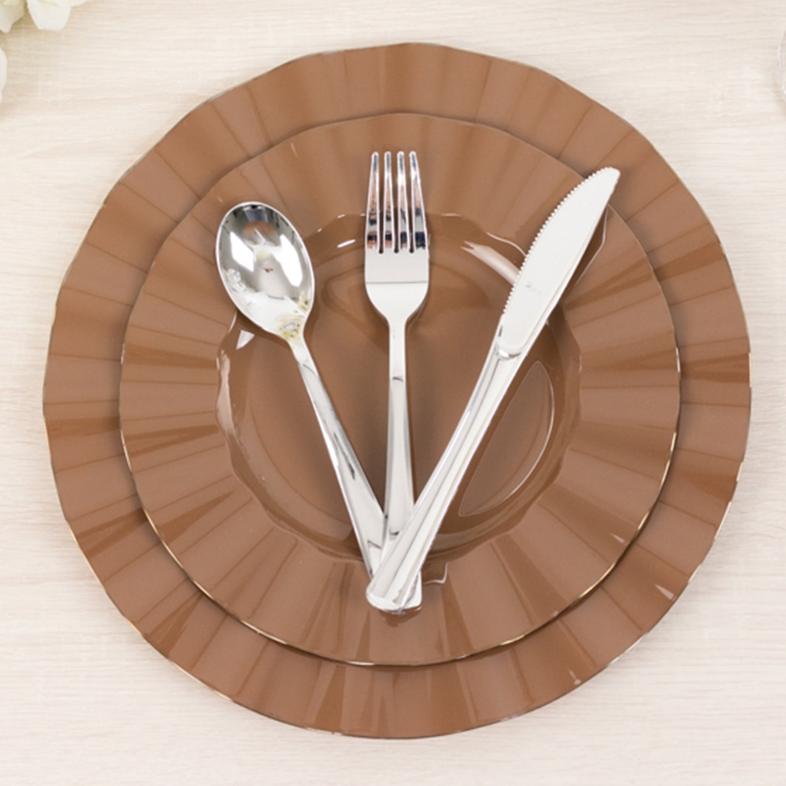 10 - Pack Plastic 11" Round Dinner Plates in Coffee Brown Ruffled Rim with Gold Edging - Sturdy Disposable Dinnerware - Bell Racket Store