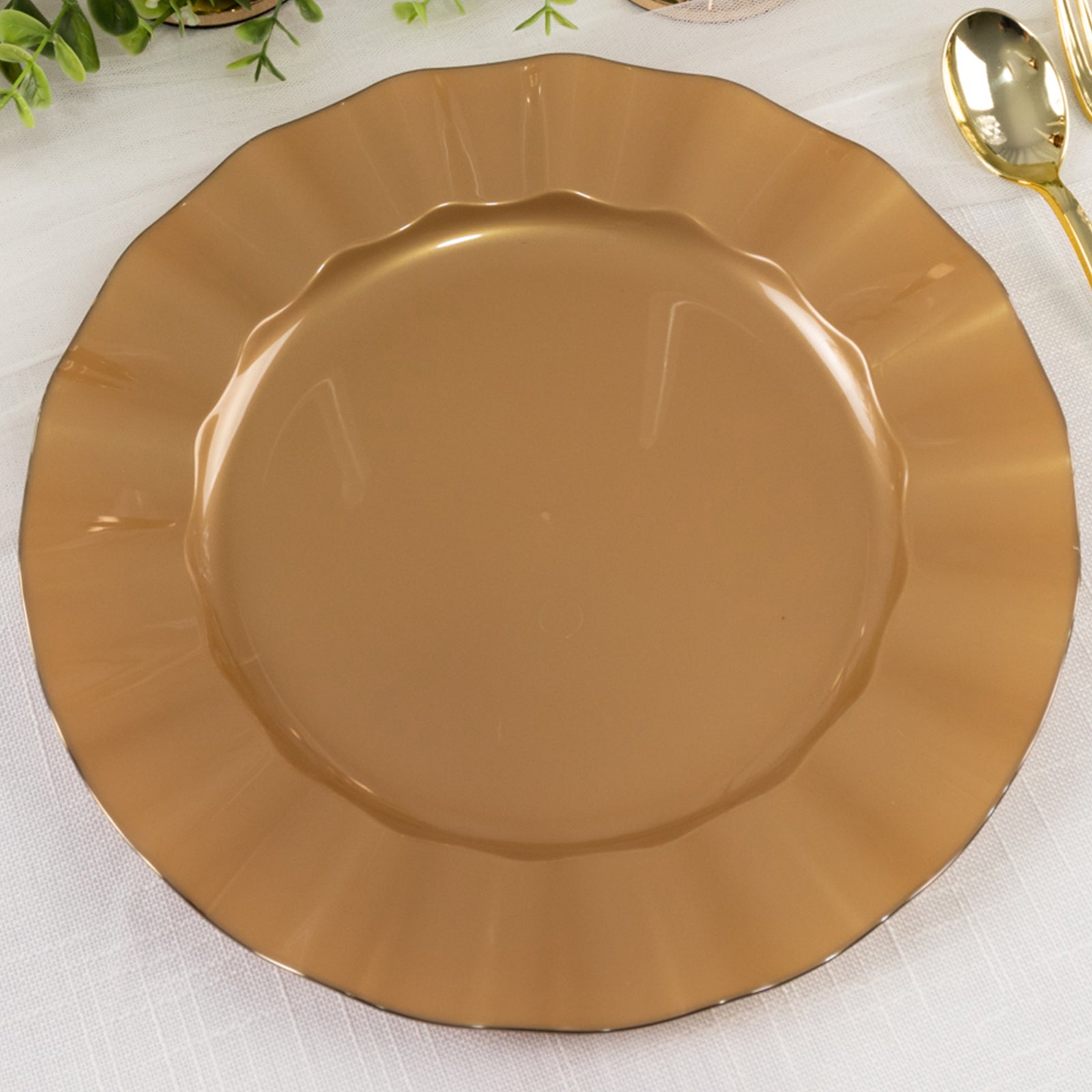 10 - Pack Plastic 11" Round Dinner Plates in Gold with Ruffled Rim - Sturdy Disposable Dinnerware for Classy Events & Banquets - Bell Racket Store