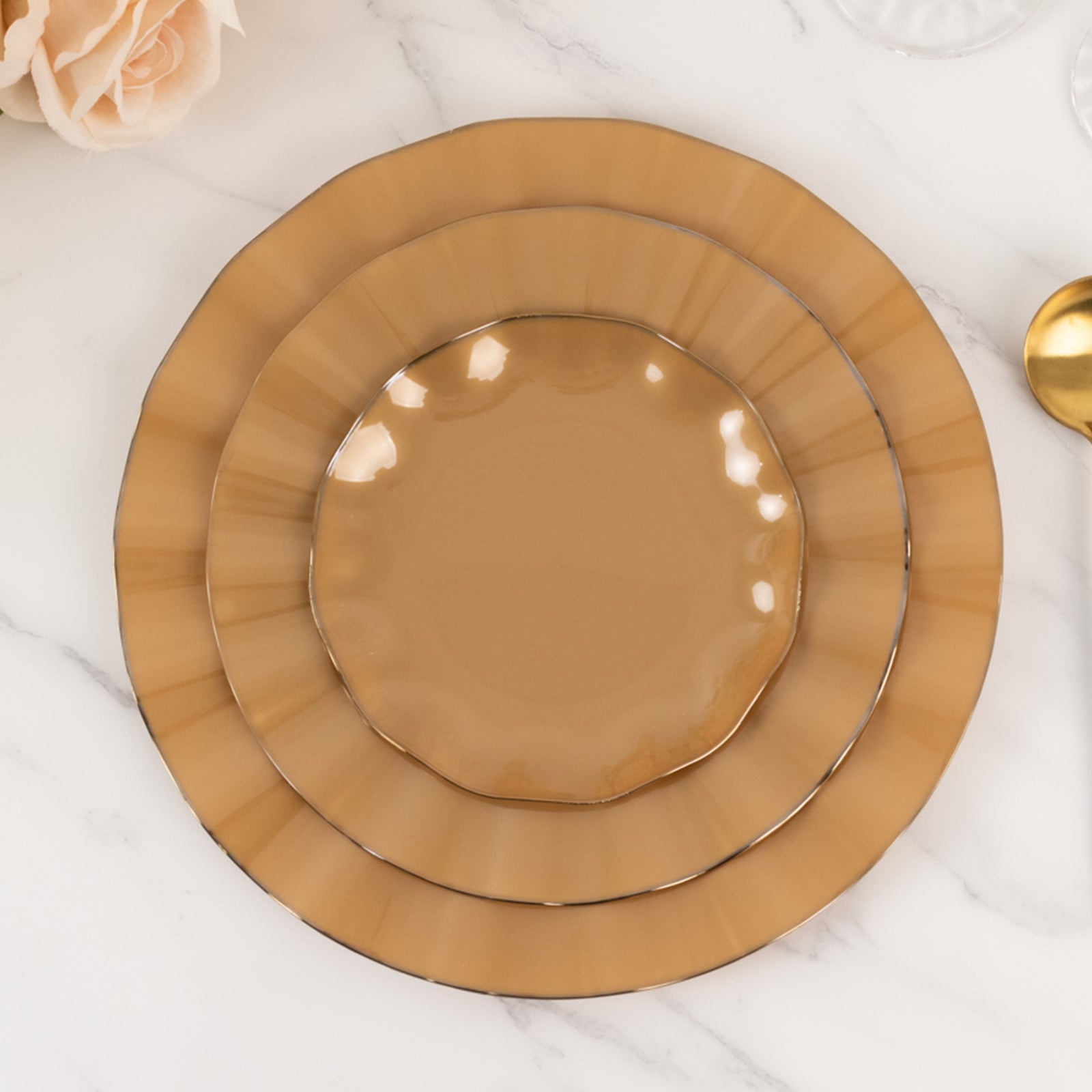 10 - Pack Plastic 11" Round Dinner Plates in Gold with Ruffled Rim - Sturdy Disposable Dinnerware for Classy Events & Banquets - Bell Racket Store