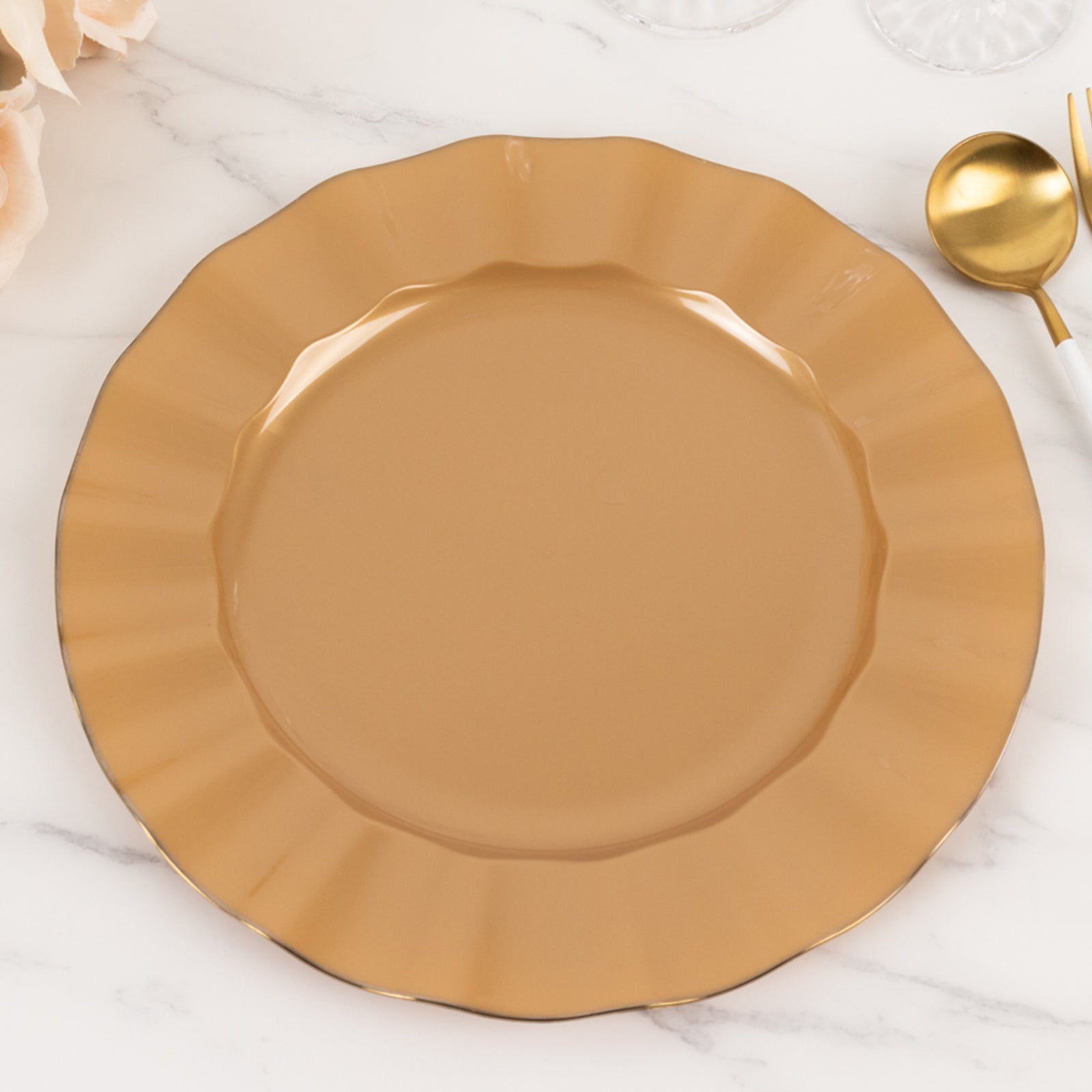 10 - Pack Plastic 11" Round Dinner Plates in Gold with Ruffled Rim - Sturdy Disposable Dinnerware for Classy Events & Banquets - Bell Racket Store