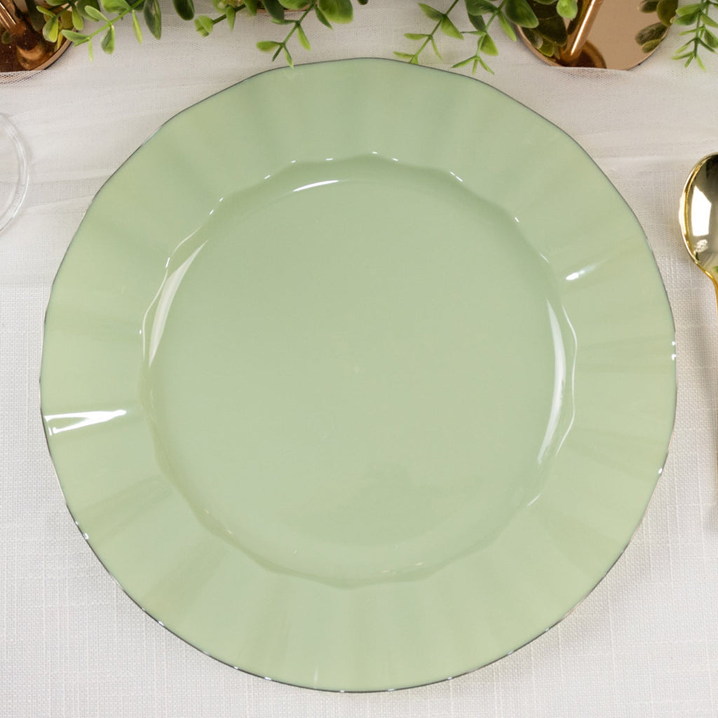 10 - Pack Plastic 11" Round Dinner Plates in Sage Green Ruffled Rim with Gold Edging - Sturdy Disposable Dinnerware - Bell Racket Store