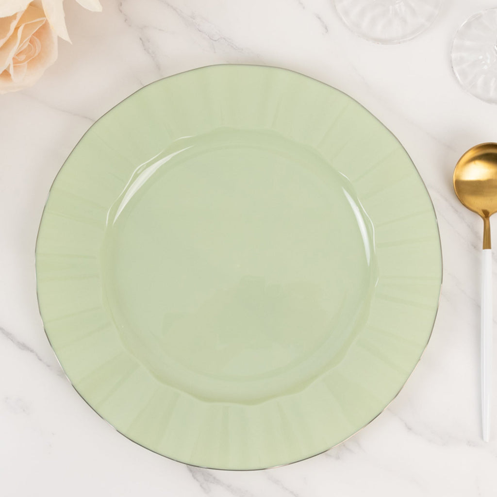 10 - Pack Plastic 11" Round Dinner Plates in Sage Green Ruffled Rim with Gold Edging - Sturdy Disposable Dinnerware - Bell Racket Store