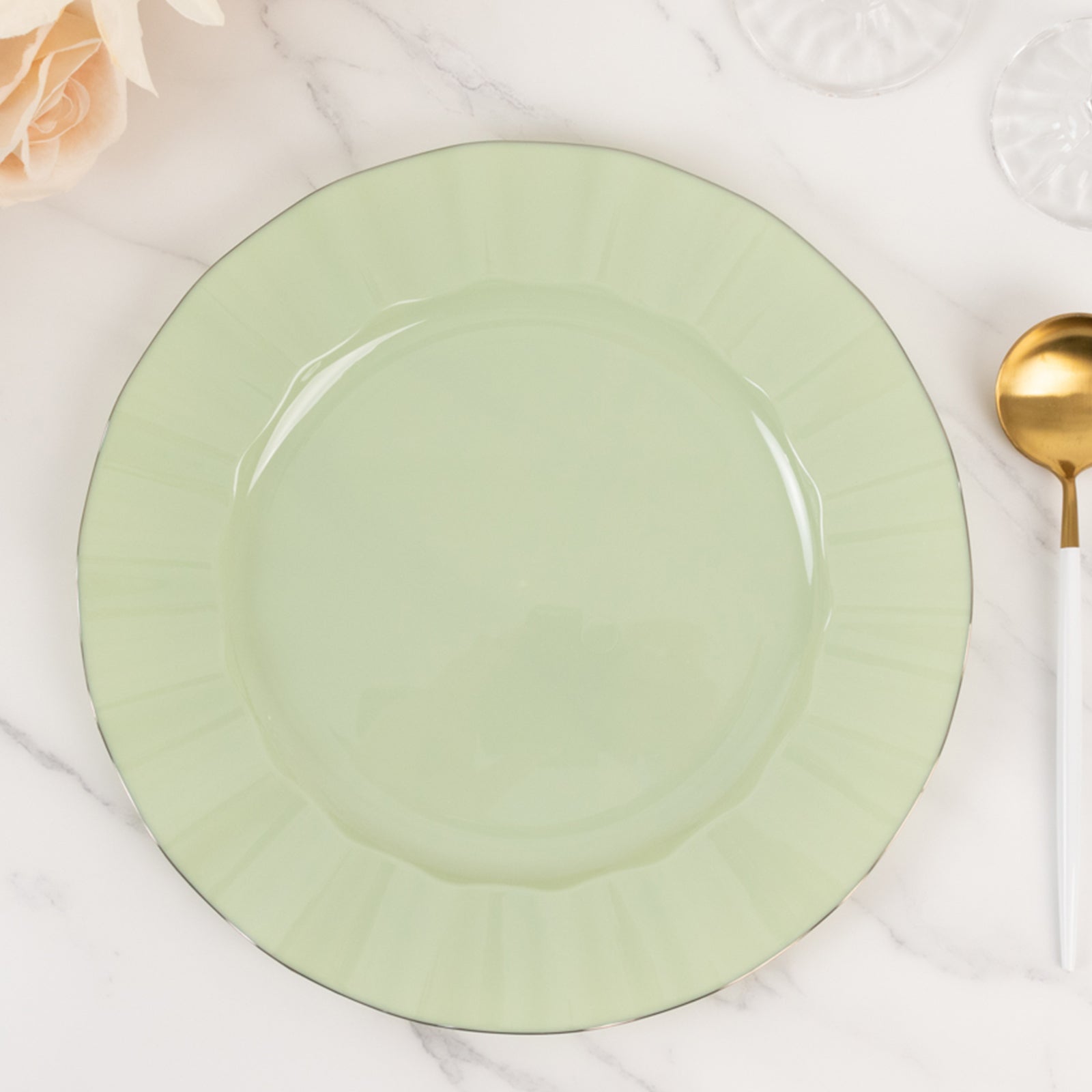 10 - Pack Plastic 11" Round Dinner Plates in Sage Green Ruffled Rim with Gold Edging - Sturdy Disposable Dinnerware - Bell Racket Store