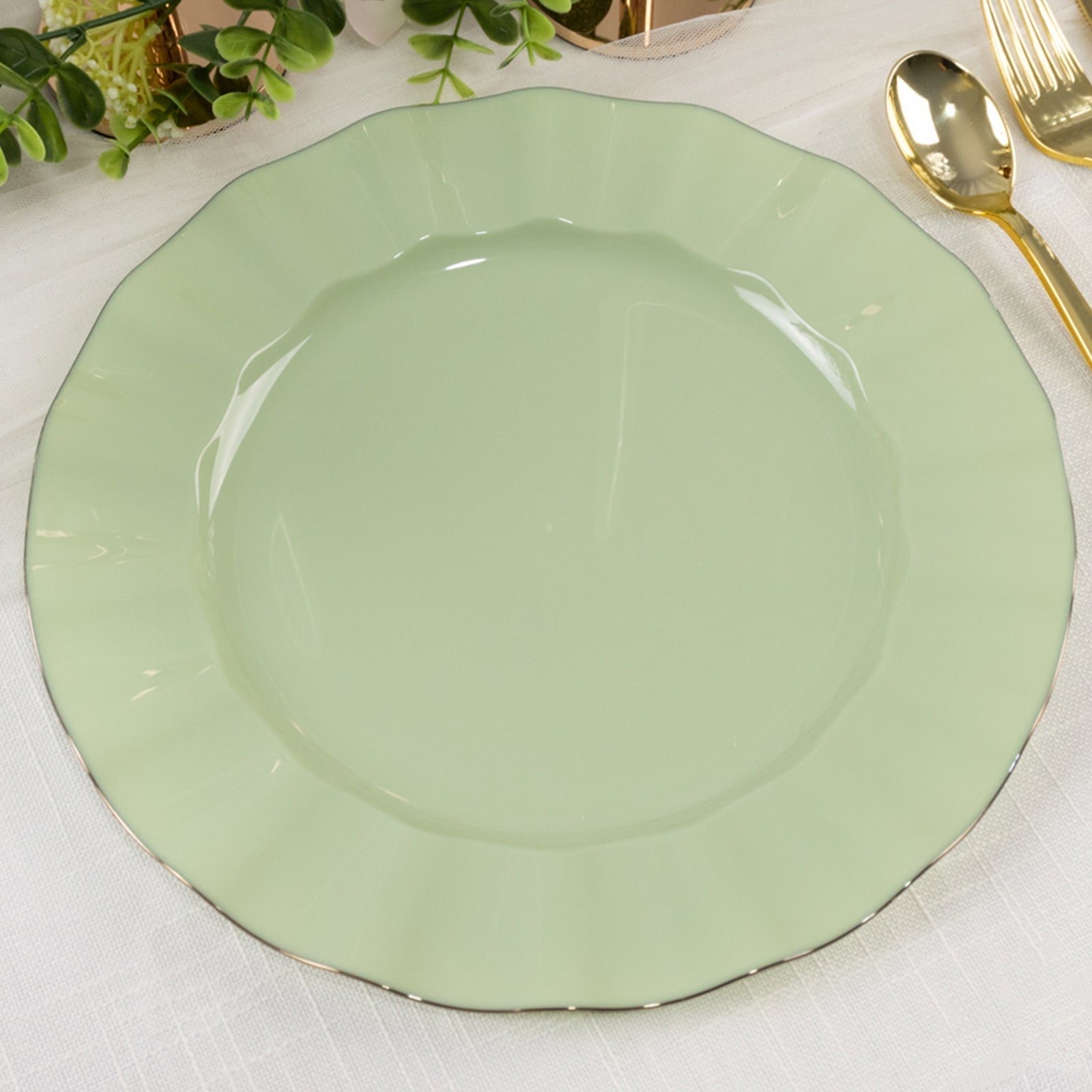 10 - Pack Plastic 11" Round Dinner Plates in Sage Green Ruffled Rim with Gold Edging - Sturdy Disposable Dinnerware - Bell Racket Store